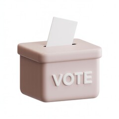 Light pink 3D ballot box with the word vote and a white ballot sticking out, isolated on white, symbolizing democracy and elections.