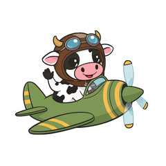 Adorable Cow Pilot Soaring Through the Sky A Cute Cartoon Illustration