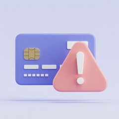 Stylized credit card with pink triangle warning sign overlay on light purple background, financial issues, security concerns, alert, warning, modern, icon.