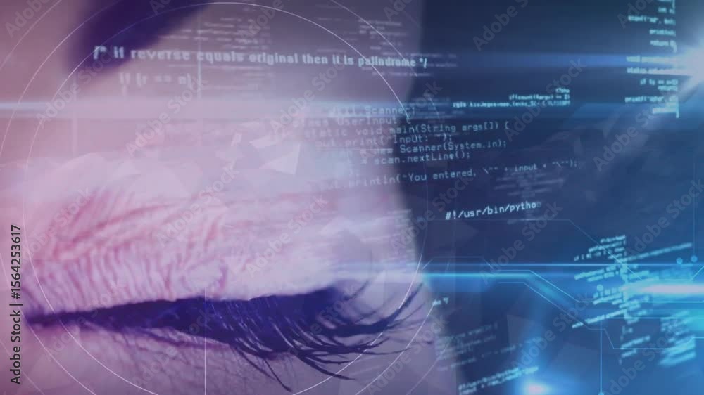 Poster targeting circle appearing on female eye causing code scanning across transparent ui for insight