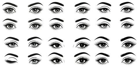 Set of vector illustrations of female eyes with styled eyebrows and eyelashes in black and white