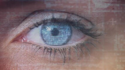 Closed eye pausing then opening to reveal blue iris while digital scan lines scanning flickering - Powered by Adobe