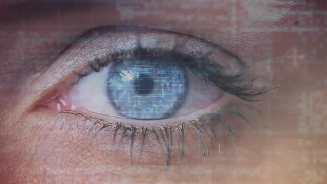 Closed eye pausing then opening to reveal blue iris while digital scan lines scanning flickering