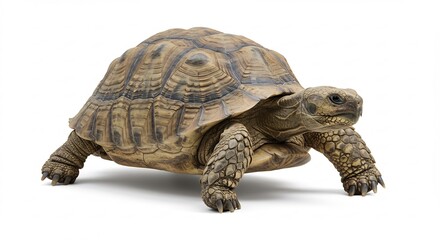 Naklejka premium Powerful tortoise slowly moves against bright white background. AI Generated