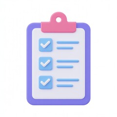 Checklist on clipboard with three checkmarks, pink clip on white background, task list, organization, simple, clean, modern, document.