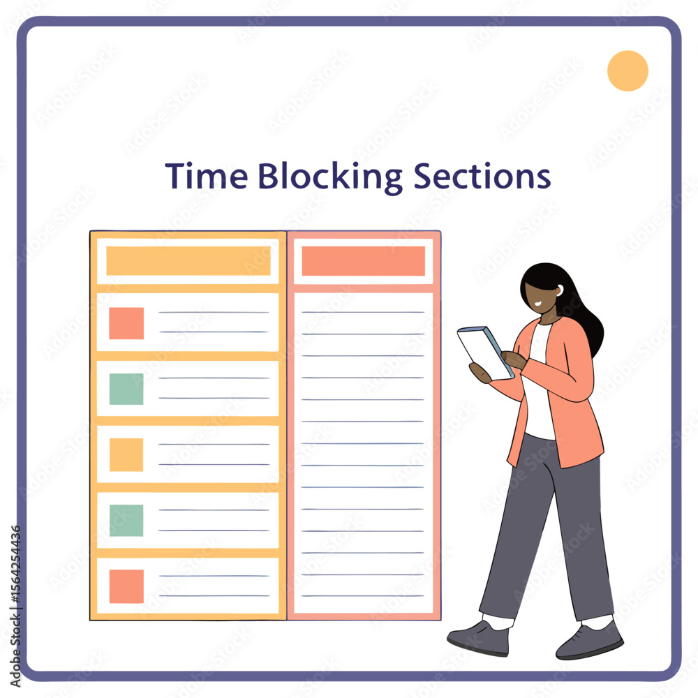 Poster illustration of a woman using a tablet next to time blocking sections with color coded tasks and lin