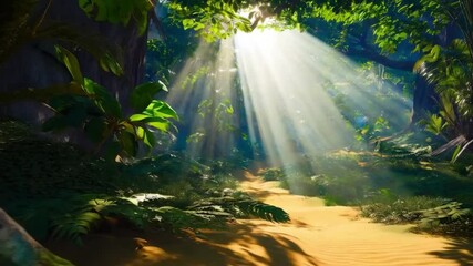 animation Misty rainforest with sunlight filtering through dense foliage, vibrant greens, and exotic wildlife.
 - Powered by Adobe