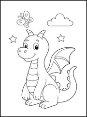 Illustration of a cute baby dragon cartoon character. Black and white Printable dragon coloring page for kids.