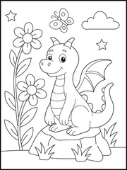 Illustration of a cute baby dragon cartoon character. Black and white Printable dragon coloring page for kids.