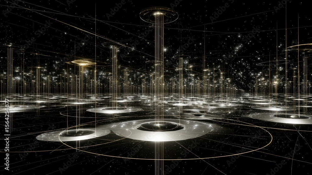 Poster abstract design with glowing circles and lines.