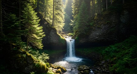 Obraz premium Cascading Waterfall in Green Forest with Sunlight and Mossy Rocks