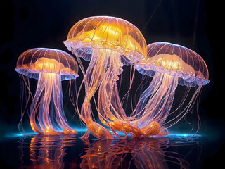 Three Vibrant Bioluminescent Jellyfish On Surface Of Reflective Water