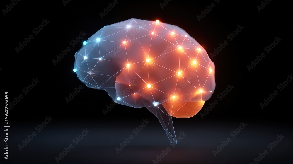 Poster abstract brain made of connected glowing lines and dots over a dark background, symbolizing creative