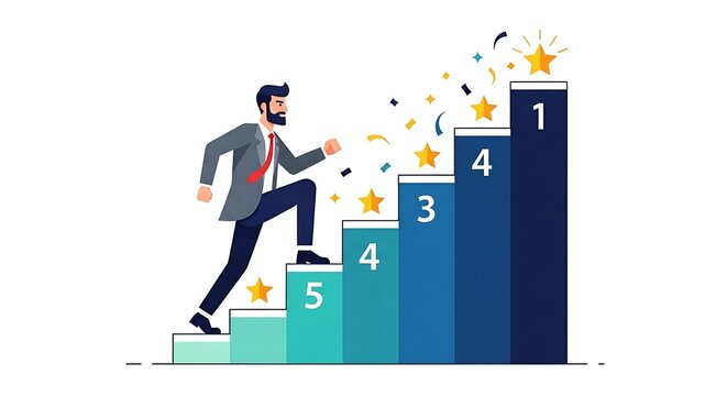 Man in suit climbing steps towards success with stars and confetti illustration style design