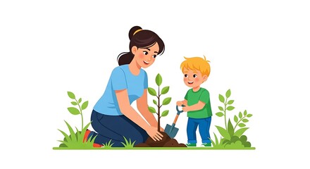 A mother and son planting a tree together in a garden with a shovel and green plants around them