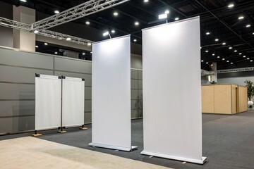 Realistic trade show booth with two editable rollup banners, sharp lighting, and clean shadows. Ideal for branding, marketing, presentations, and corporate promotional display mockups.