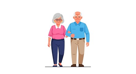 Illustration of an elderly couple walking together with the woman holding the man's arm for support