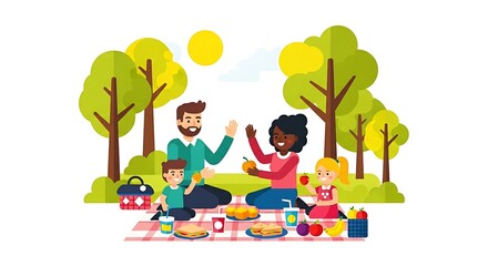 Cartoon family enjoying a picnic with food and drinks in a park under the sun with trees around