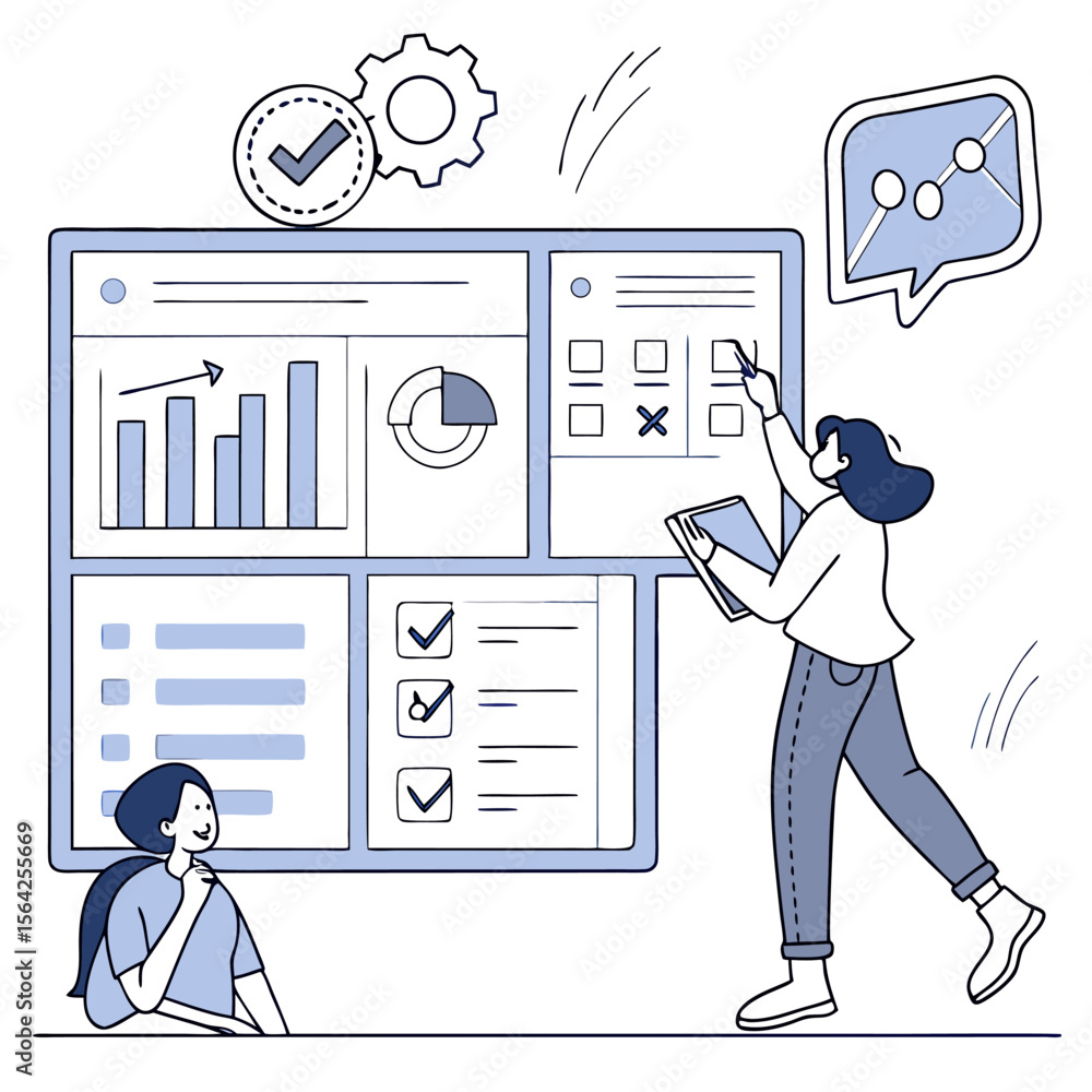 Poster two people interacting with a dashboard showing charts, checklists, and settings with a speech bubbl