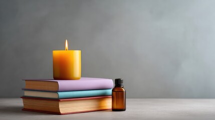 A stack of wellness books beside a burning candle and essential oils, peaceful lifestyle of learning and growth