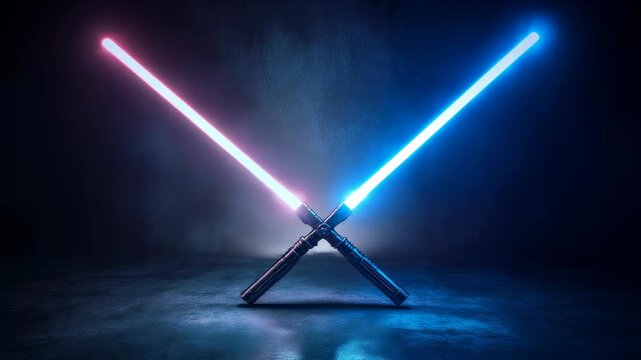 Dynamic duel of vibrant lightsabers: electric blue and radiant red clash in epic light show