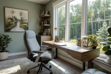 A home office designed for relaxation and productivity, featuring a comfortable ergonomic chair, a large window with a view of nature