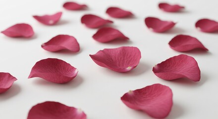 Scattered rose petals gently illuminate a soft white background. AI Generated