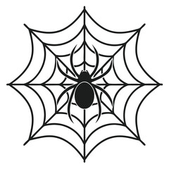 Black spider rests in its intricate web, showing a classic spooky symbol against white