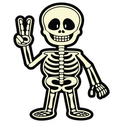 Cartoon skeleton cheerfully flashes a peace sign with its bony hand on white