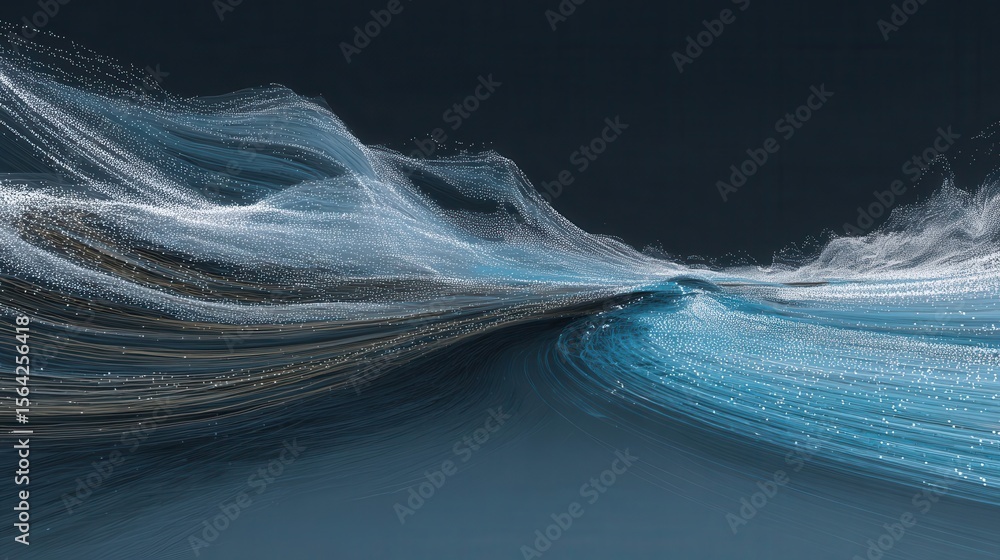 Poster abstract digital landscape of flowing lines and particles.
