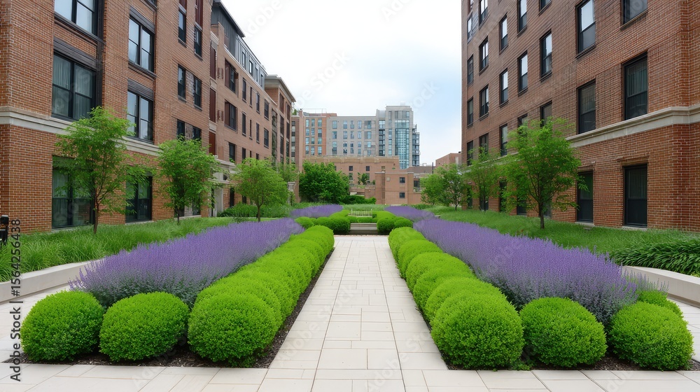 Poster courtyard walkway bordered by lavender and boxwood shrubs, fragrant and neat garden setting with spa