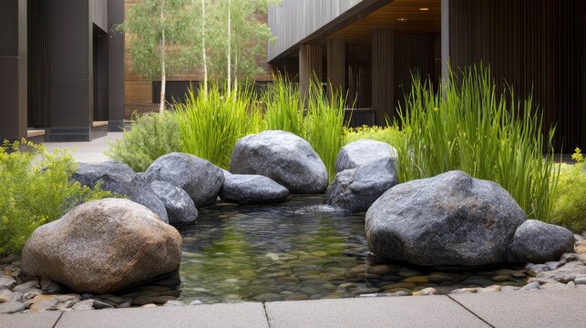 Courtyard with a bubbling water feature, surrounding stones, and ornamental grasses, tranquil design with copy space
