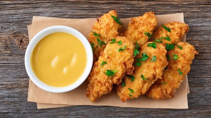 Crispy chicken tenders on parchment paper with dipping sauce beside, snack-style food arrangement with space