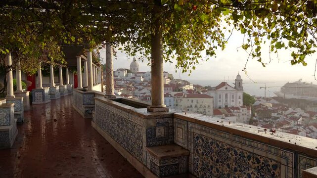 Epic Viewpoint of Lisbon Portugal Sunrise City View Travel Viewpoint Covered Miradouro Vines