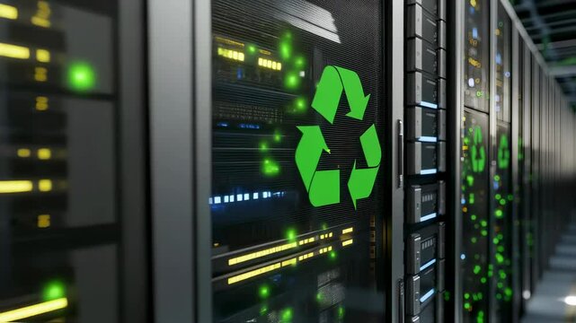 Sustainable data center: ecofriendly server racks with green energy symbols in motion