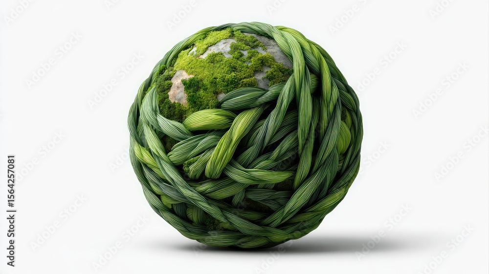 Poster globe made of interwoven green threads, symbolizing the interconnectedness of conservation and ecosy