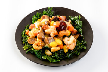 Stir fried mixed Chinese fruits and nuts  on a white background