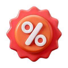 3d rendered red and orange discount badge with percentage symbol isolated on transparent background
