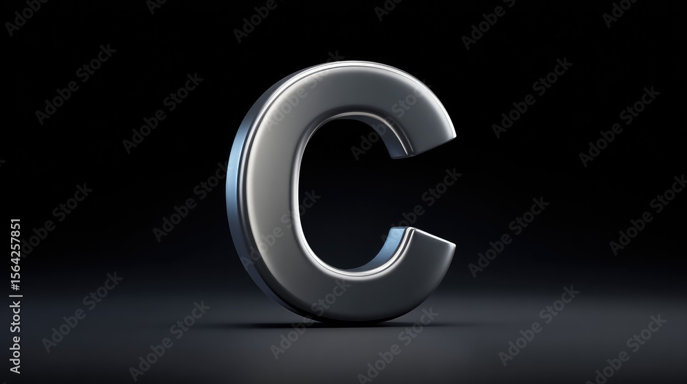 Poster modern metallic letter c with reflective surface on dark background, sleek design with space for tex