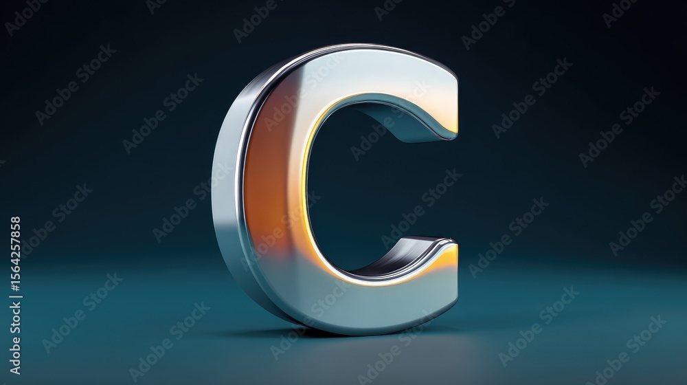 Poster modern metallic letter c with reflective surface on dark background, sleek design with space for tex