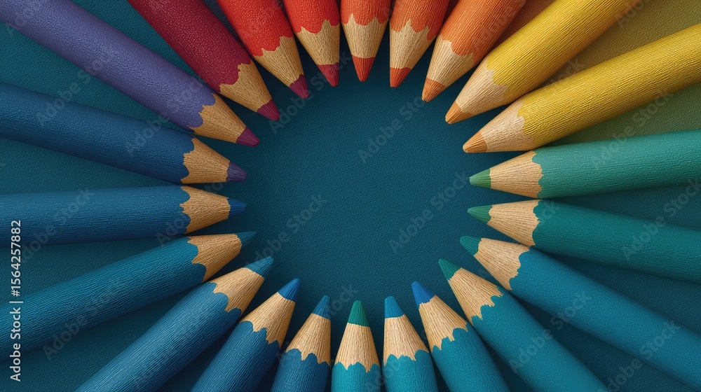Poster multiple pencils arranged in a circular pattern around an empty center, suggesting creative focus an