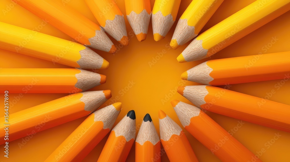 Poster multiple pencils arranged in a circular pattern around an empty center, suggesting creative focus an