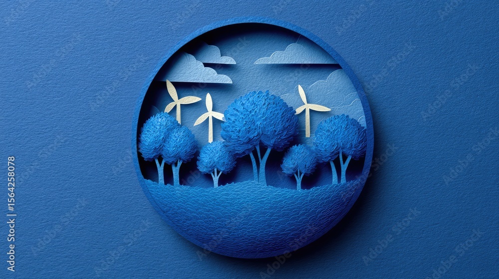 Poster paper-cut art of earth with windmills and trees growing from it, visual metaphor for saving the plan