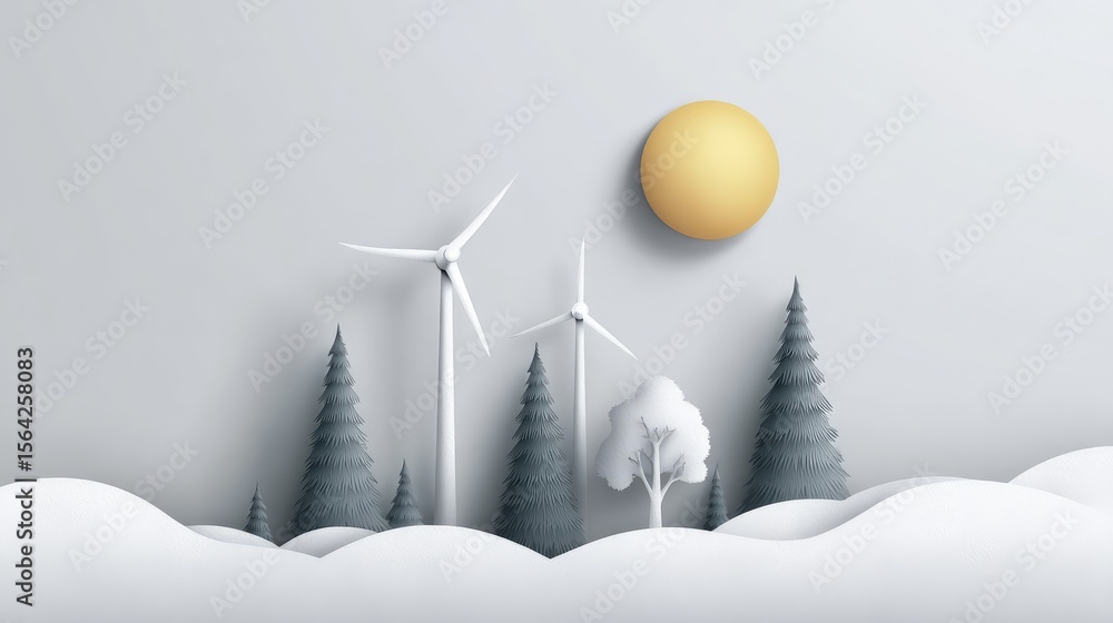 Poster paper-cut design of nature elements like sun, trees, and wind turbines on white background with ampl