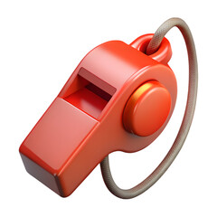 Bright red plastic whistle with lanyard isolated on transparent background