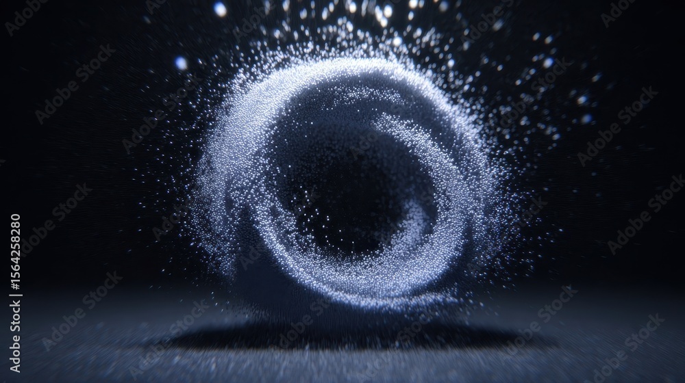 Poster abstract swirling particles form a circular design.