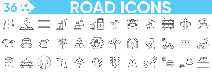 Road icon Vector and illustrator set.Highway, bridges, traffic lights, street signs, barriers, tunnels, crosswalks, signpost, directions, parking, route, GPS, drive, intersection and more.
