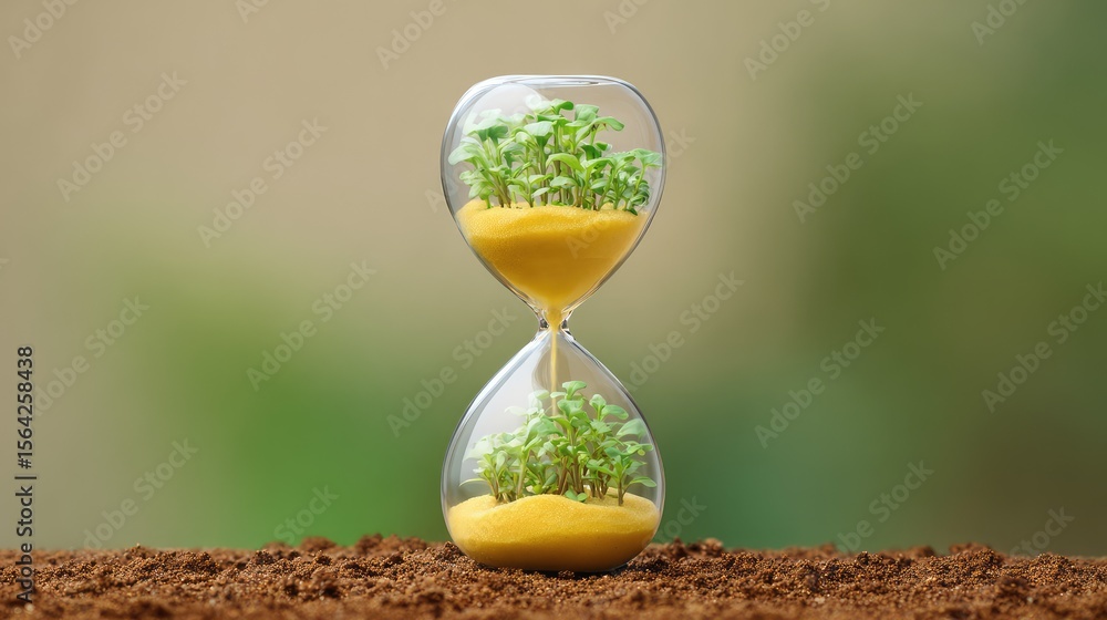 Poster sand timer with green plants growing inside, symbolizing time running out for conservation action wi