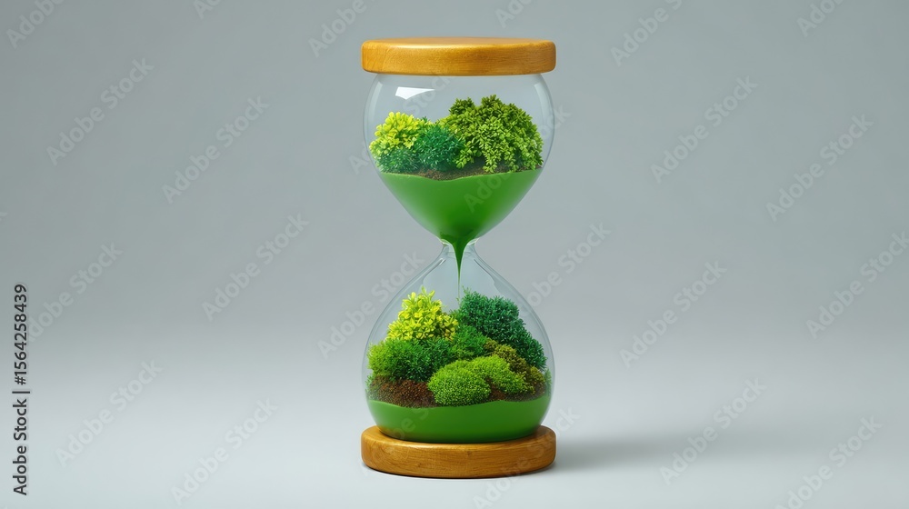 Poster sand timer with green plants growing inside, symbolizing time running out for conservation action wi