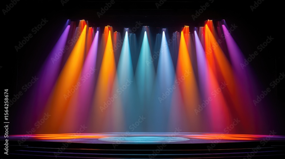 Poster spotlight on center stage surrounded by colored side lights, dynamic show-ready setup with ample cop